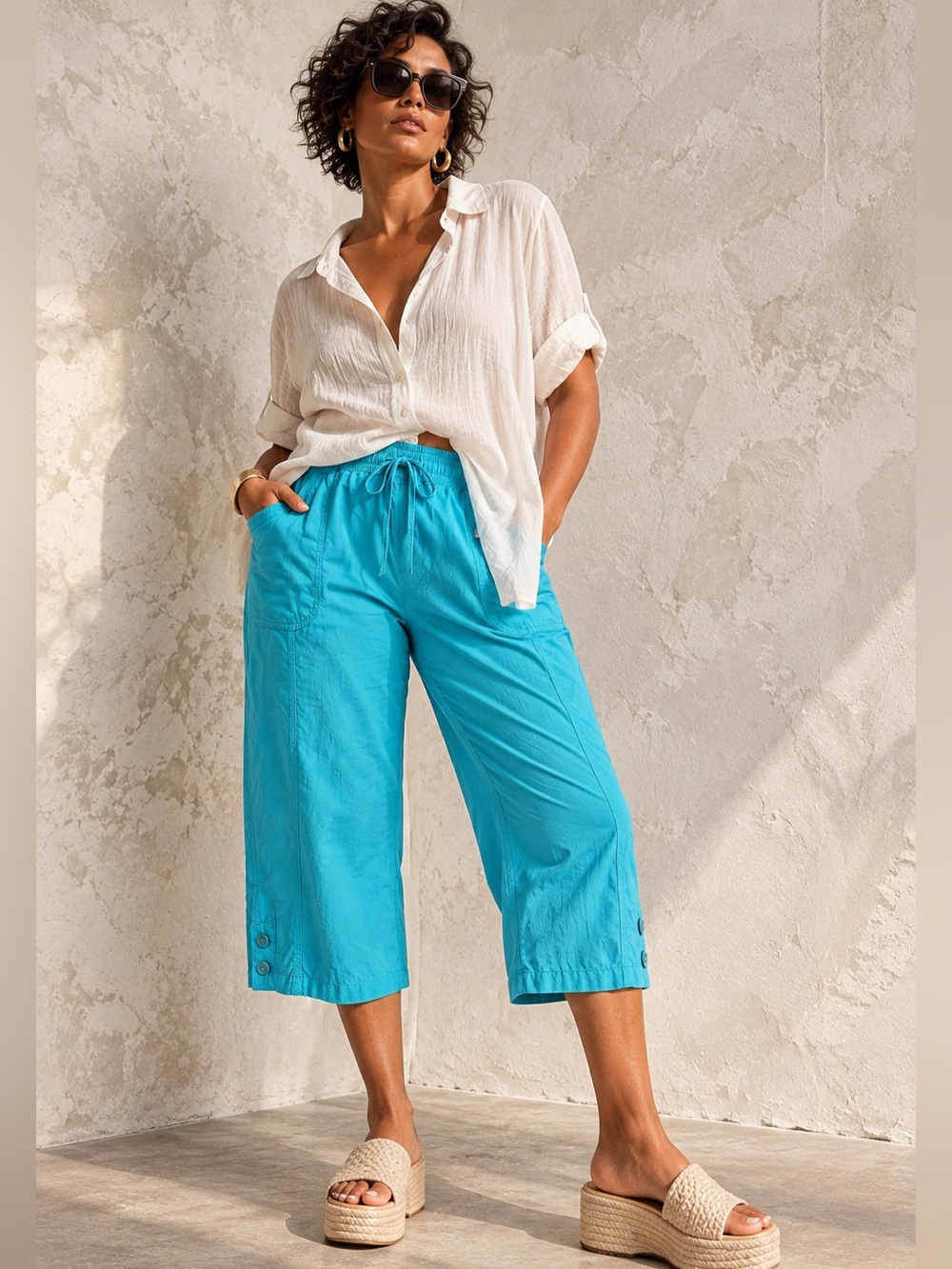 Erika Women's Aqua Blue Cotton Capri Pants Size 1X